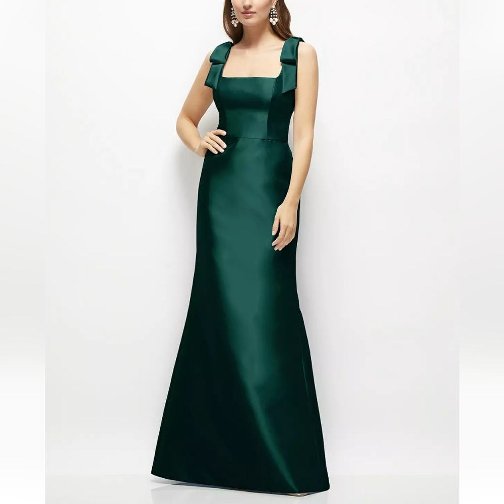 ALFRED SUNG Emerald Satin Square-Neck Maxi Gown with Bow Straps